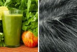 Una imagen de un licuado verde junto a una imagen de canas en el pelo.